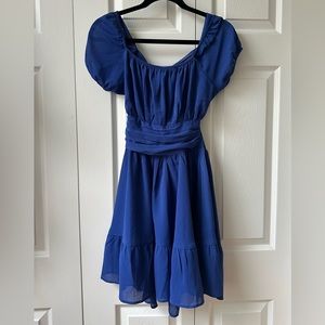 EXULRA | Tie Back Blue Square Neck Puff Sleeve Blue Dress size SMALL